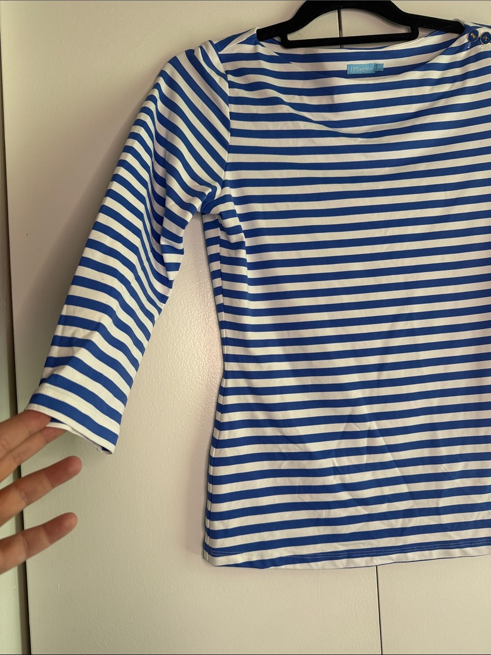 J. McLaughlin Blue and White Striped Boatneck Top with Shoulder Buttons - Picture 3 of 5